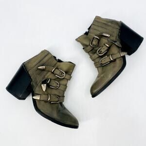 BASKE green gray leather buckle pointed toe booties